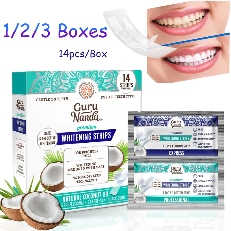 Teeth Whitening Street - แผ่นฟอกฟันขาวน้ำมันมะพร้าว 14 ชิ้น/กล่อง, แผ่นฟอกฟันขาวสำหรับขจัดคราบจากควันบุหรี่และกาแฟ, ทำความสะอาดฟัน วีเนียร์