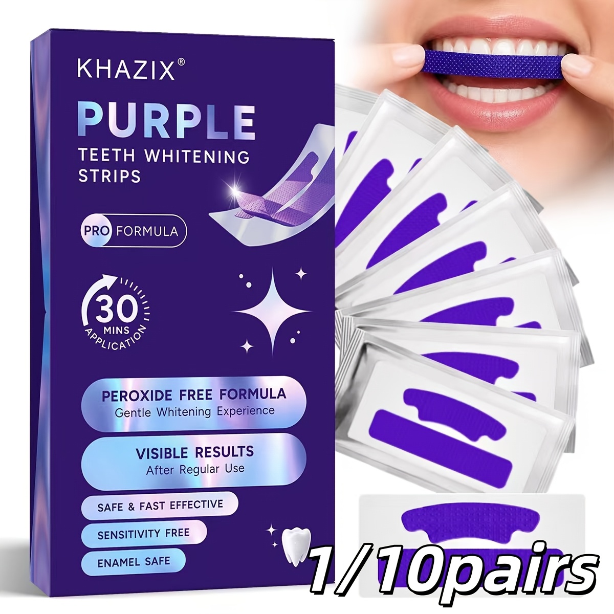 Teeth Whitening Street - แถบฟอกฟันขาวสีม่วง 1/10 คู่ แนบสนิทกับฟัน ไม่เลื่อนหลุด ช่วยฟอกฟันให้ขาวอย่างอ่อนโยน